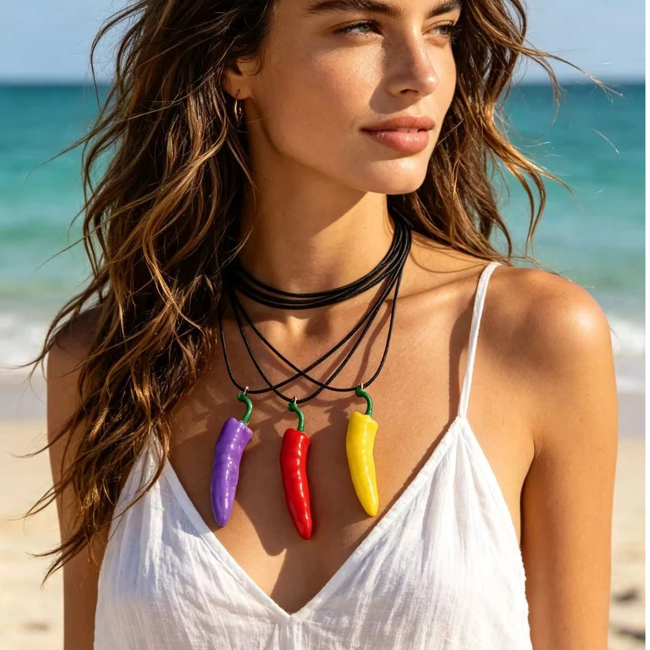 Cute Alloy Simulation Enamel Vegetable Chili Pendant Necklace for Women