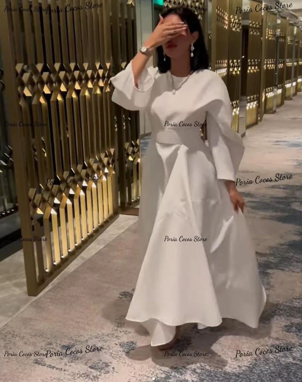 Customized Elegant White Prom Gown A-line Long Sleeve Round Neck Evening Dresses Pleat Solid Color Banquet Party Dress for Women