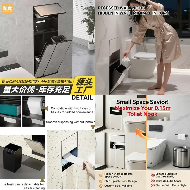 For 304 Stainless Steel Recessed Niche Toilet Paper Holder Hidden Trash Can Storage Box Bathroom Wall Mounted Waterproof