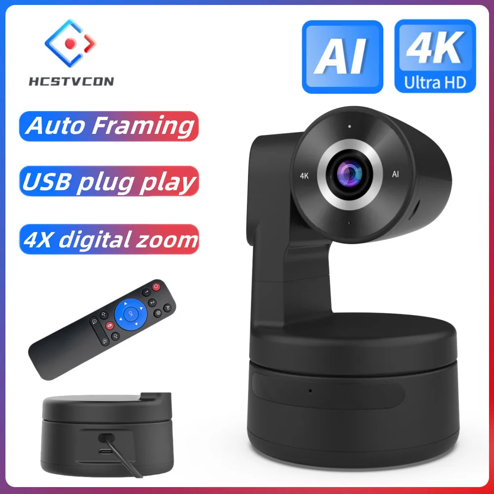 4K PTZ Webcam AI Auto Framing with Mics Camera 4X Digital Zoom Auto Focus for Youtube Living Stream Online Meet Video Camera