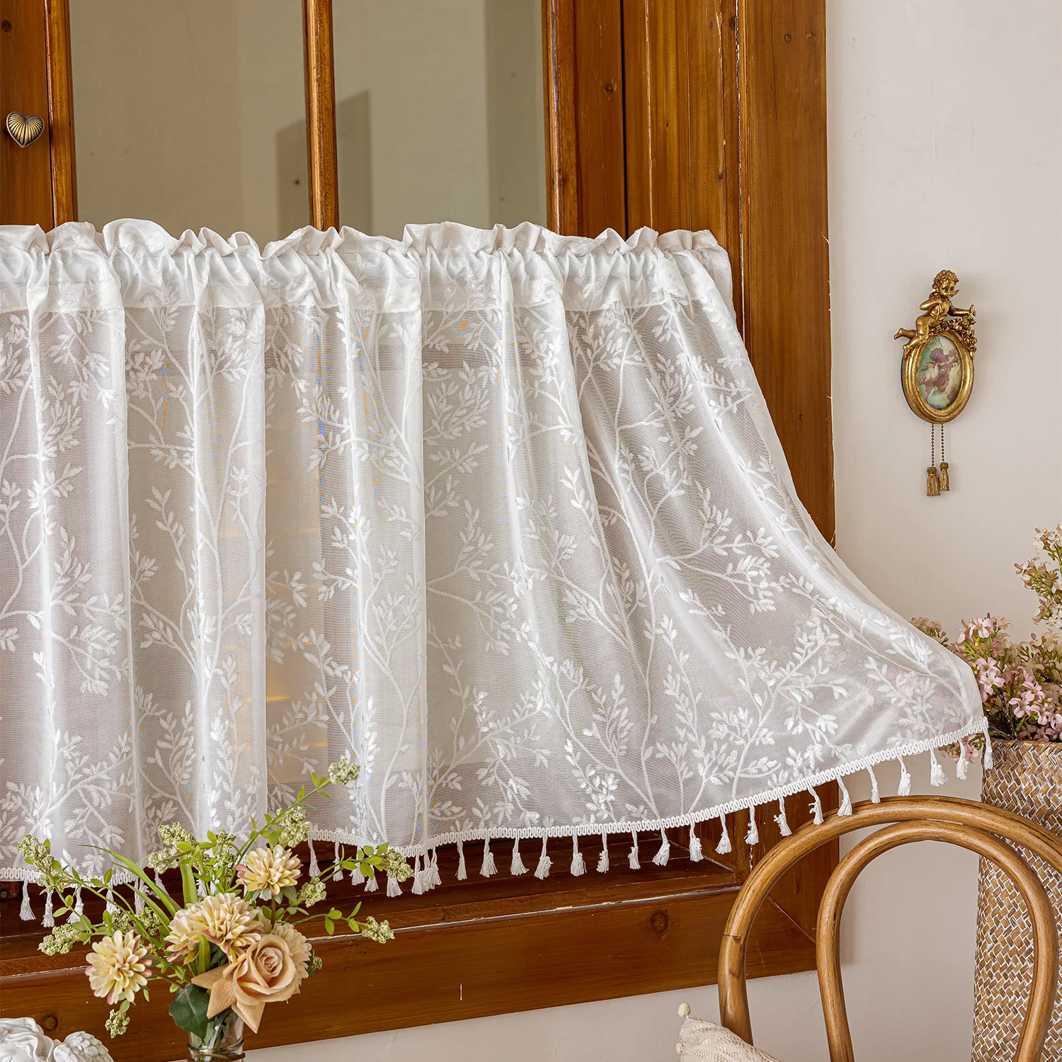 1 pcLace Half Curtains & Coffee Short Drapes, American Style Kitchen Door Curtains, Sheer Window Voile Panels for Home