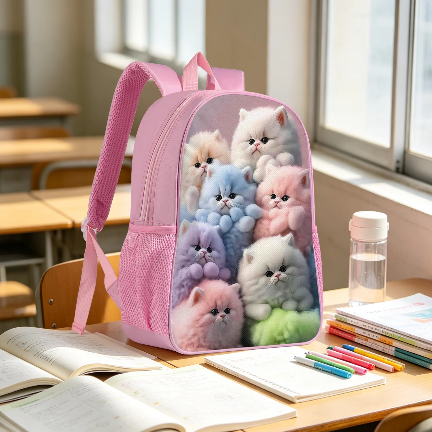 Cute Pink Kitten Cat Backpack Lightweight School Bookbag with Colorful Furry Print Adjustable Padded Straps Travel