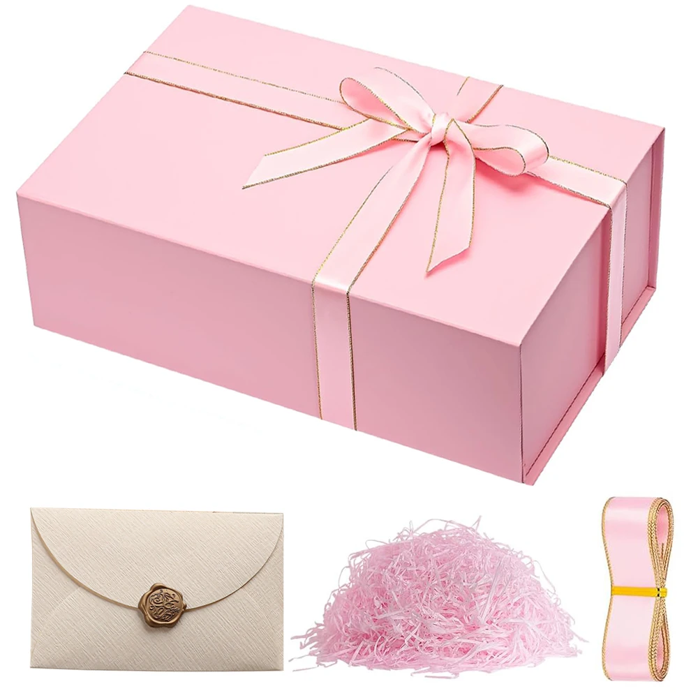 Boîte-cadeau en ruban rose/noir avec couvercle pour cadeau, boîte-cadeau rectangulaire pliable à fermeture magnétique, cadeau de bijoux 1 pièces