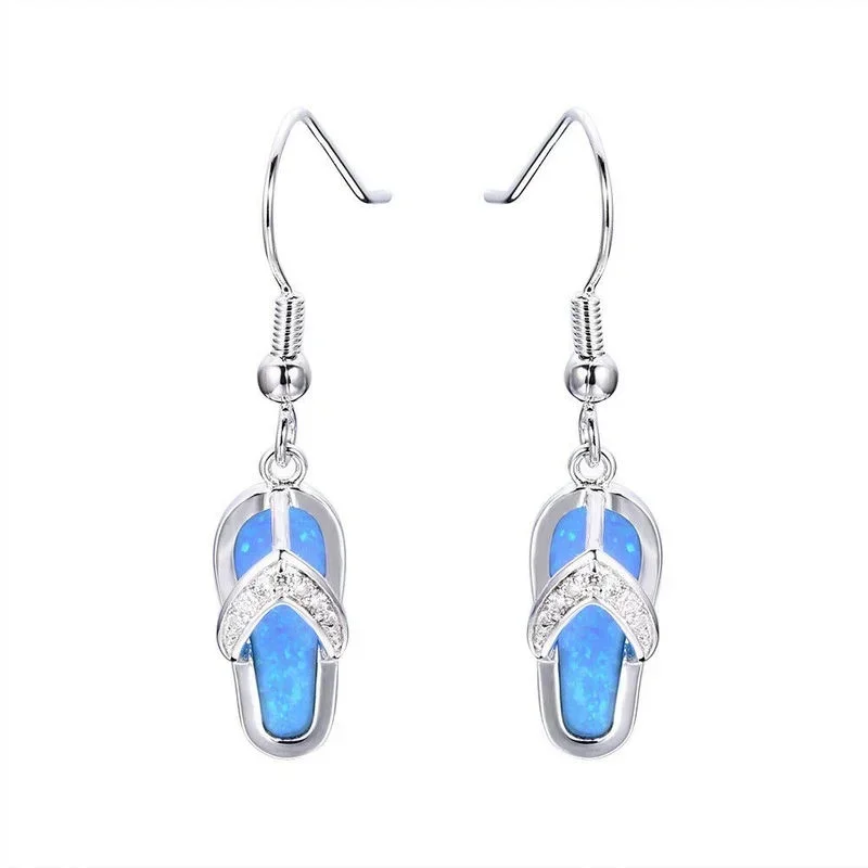 Beautiful White Gold Created  Inlay Simulated Opal Sandal Dangle Earring
