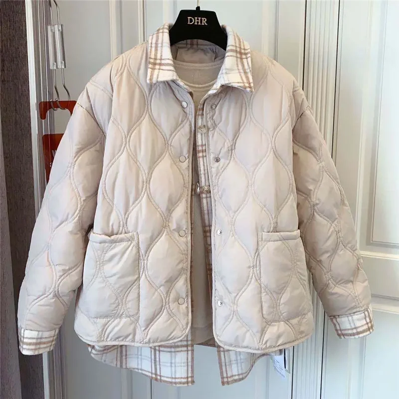 Autumn Winter Shirt Join Together Cotton Jacket Women 2024 New Fashion Loose Casual Fake Two Pieces Thicken Outerwear Female