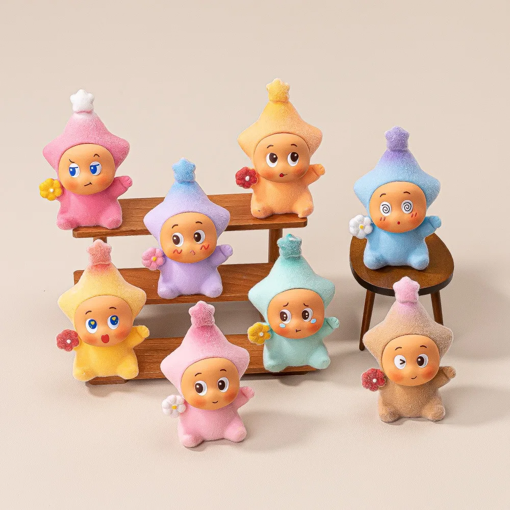 꽃 장식이 있는 귀여운 별 모양 인형 레진 피규어 블라인드 박스 책상 장식 DIY 공예품 어린이 및 성인용