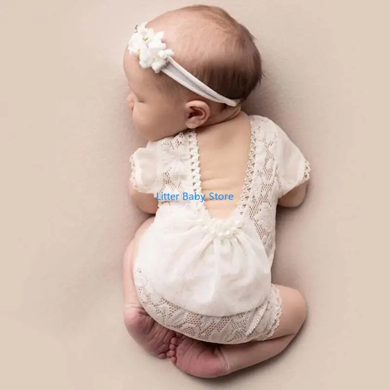 

N80C Newborn Baby Photography Props Girls Lace Romper Jumpsuit Headband Set Outfits