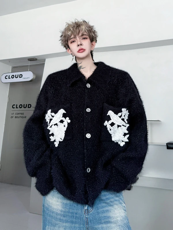 

TANGZ STUDIO Men's Knitted Cardigan Coat Embroidered Collar Thiened Winter Faion Casual Sle Cotton Acrylic Nylon Blend