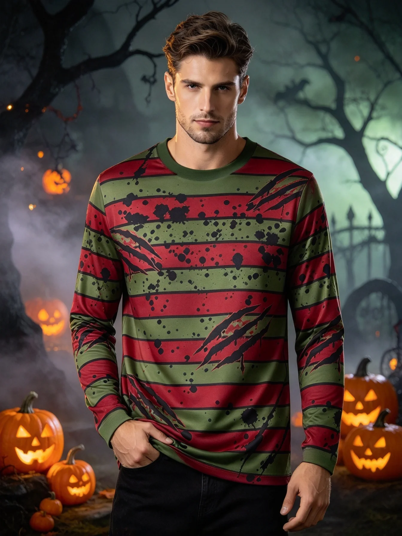New Men’s Long-Sleeve T-Shirt – Striped, Horror-Themed Claw Mark Print – Stylish, Trendy, Casual, Halloween-Ready