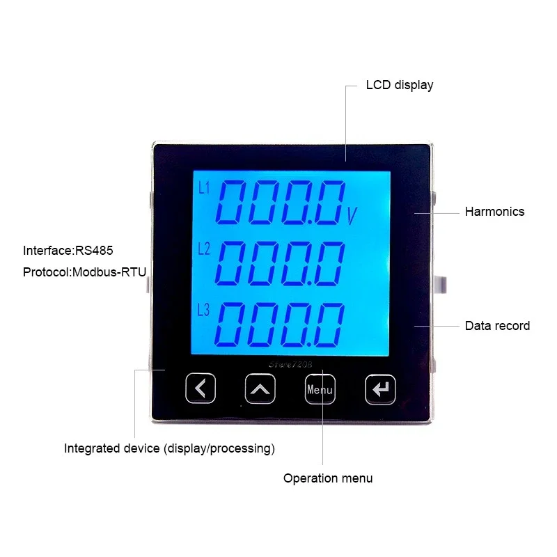 LCD multi functional RS485 modbus data log energy meter three phase power quality analyzer