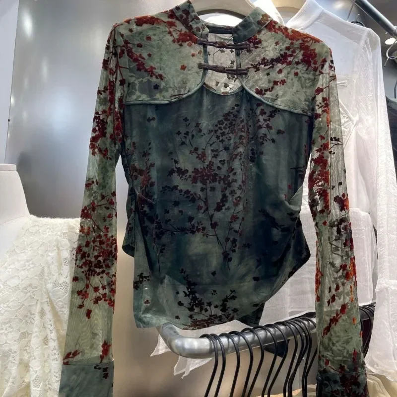 

2025 Spring and Autumn Women's Pullover Round Neck Plant&Flowers Printing Hollow Out Patchwork Gauze Vintage Fashion Bottom Tops