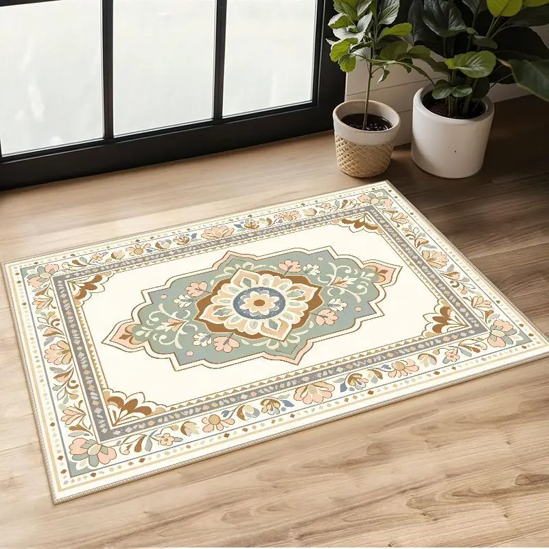 VIKAMA Beige European Floral Crystal Velvet Rug, 8 Assorted Designs, Non-Slip Washable Area Rug