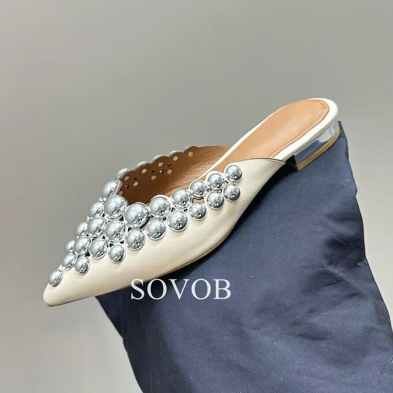 2024 Women\'s Genuine Leather Pointed Flat Slippers Metal Decoration Lazy Mules Spring And Autumn Leisure Vacation Dress Shoes