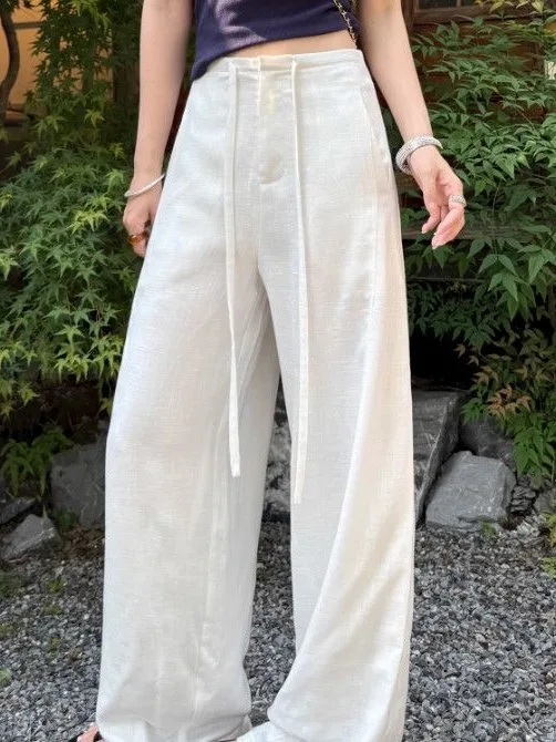 

Белые льняные брюки с широкими штанинами, летние, тонкие, дышащие, повседневные, свободного кроя, прямые, больших размеров, женская одежда