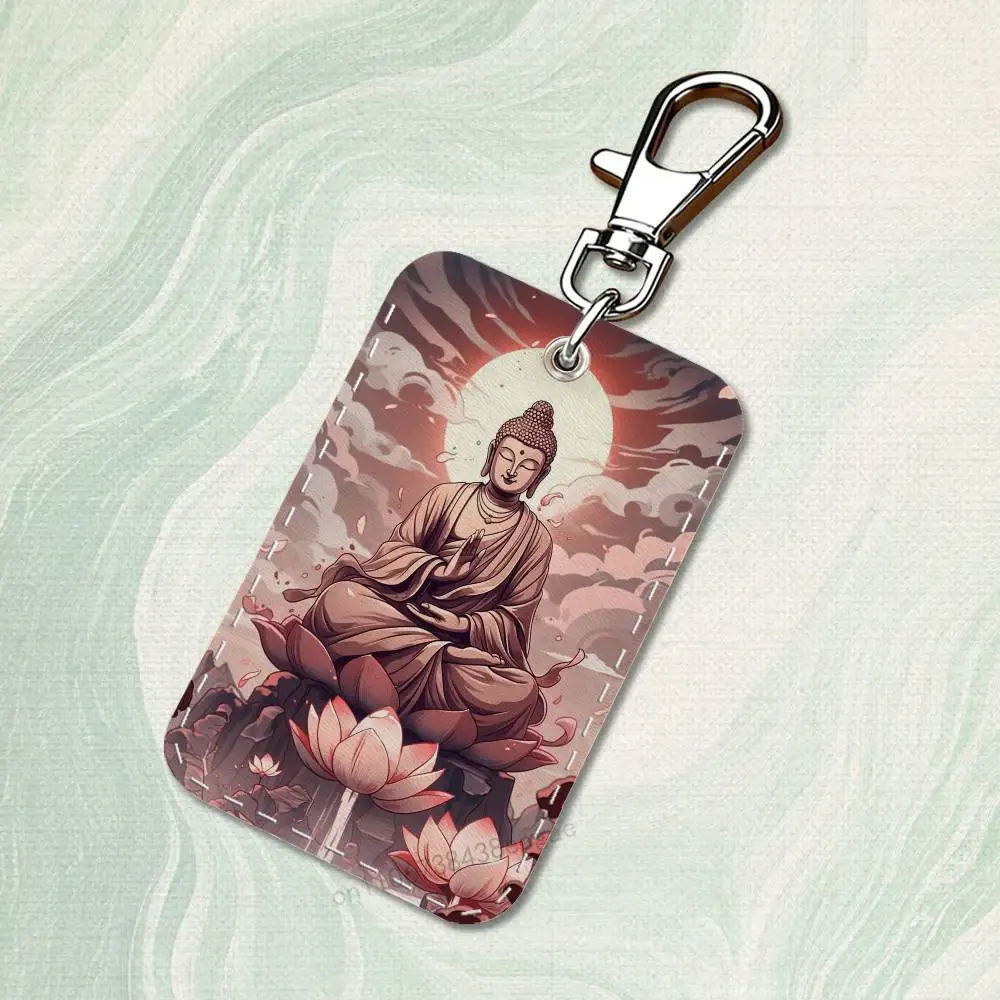 Belief Art Buddha Rectangle Card Case Keychain Access Card Bag Key Tag Ring Leather Card Holder Key Ring Access