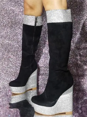 

Sliver Glitter Black Suede Patchwork Thick Sole Platform Wedges Knee High Boots Lady Zipper Side Outdoor Leisure Long Botas Shoe