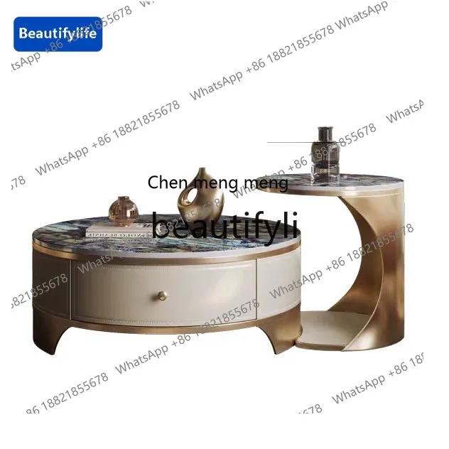 

178cqy Italian light luxury saddle leather sapphire rock slab luxury stone coffee table living room high-end round combination