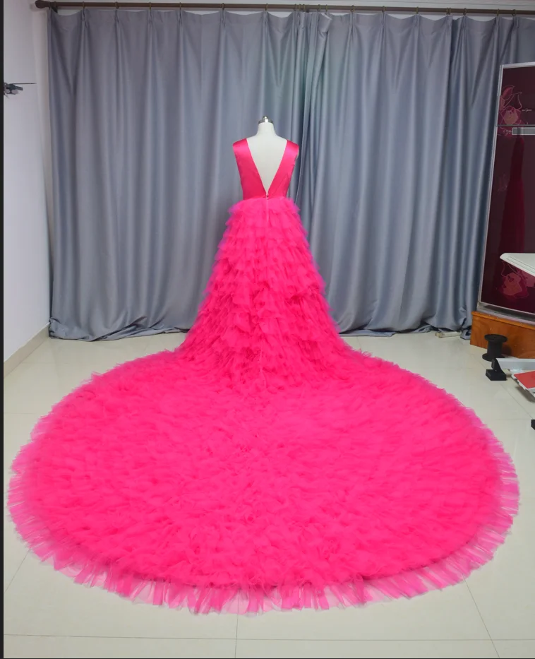 

Luxurious Long Dress for Photoshoot Wedding Bridal Dress Fluffy Layered Tulle Train Birthday Shoot Dress Puffy Sleeve Custom