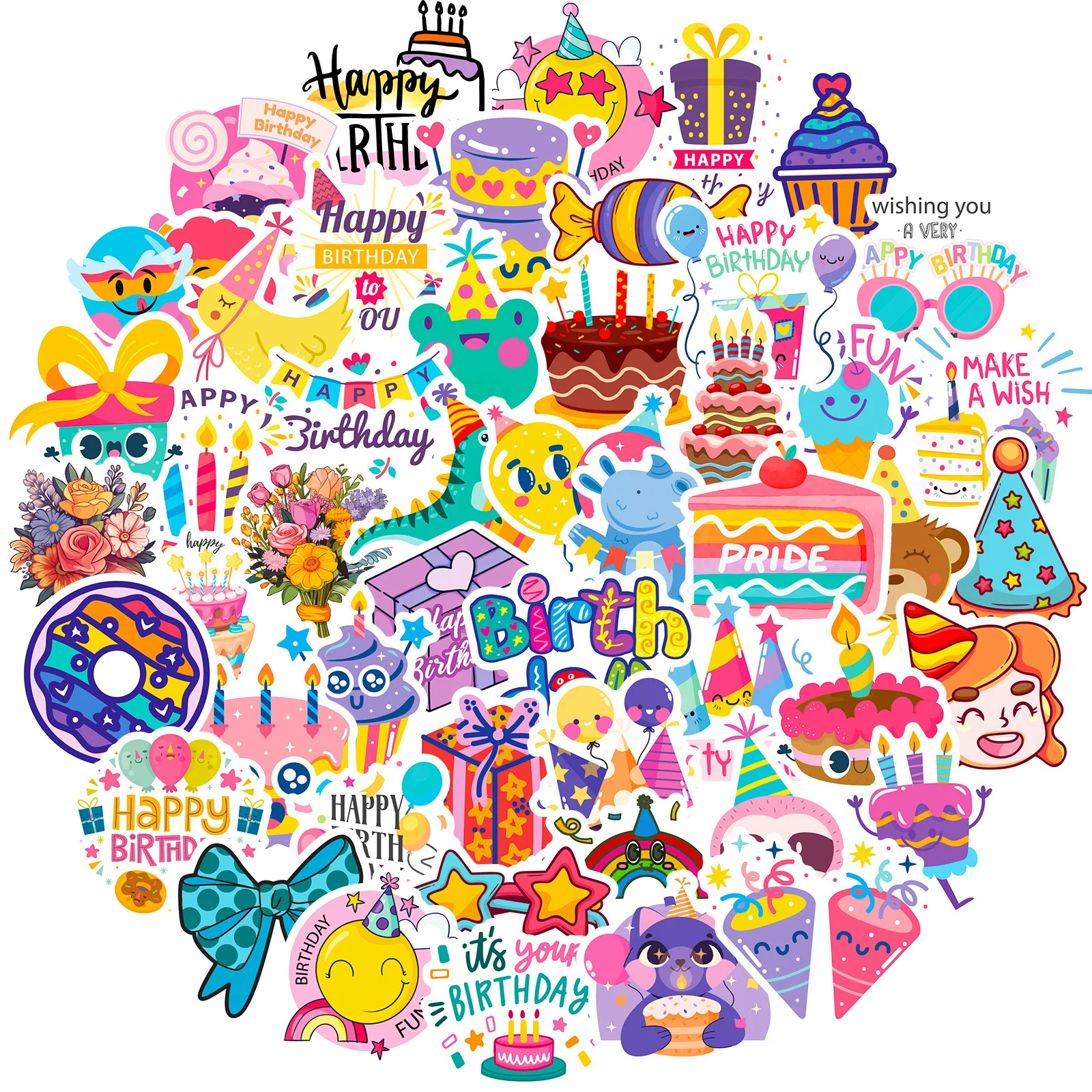 Feliz Aniversário PVC Adesivo para Crianças, Decoração Estética, Scrapbooking, Papelaria Coreana Infantil, Material Escolar, 50Pcs