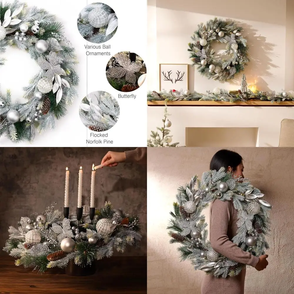 

24 Battery-Powered Silver Lighted Christmas Wreath with Ornaments for Outdoor Holiday Decor