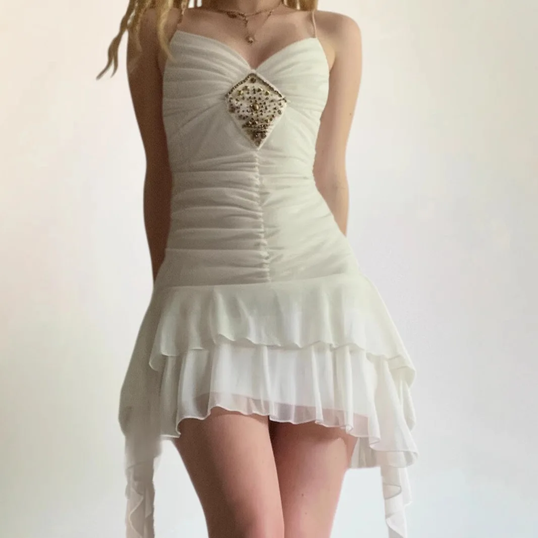 ชุดเดรสสั้นวันหยุด Pure-Chic Irregular Ruffle Ruched Waist V-Neck Wrap Crop Cami Slim Fit Summer Beach Trendy