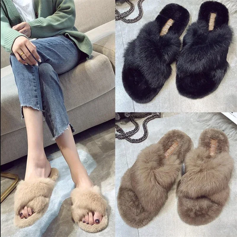 Winter New Cross Fur Slippers for Women's Fashion Fury Home Cotton Slippers with Soft Sole One Line Slippers