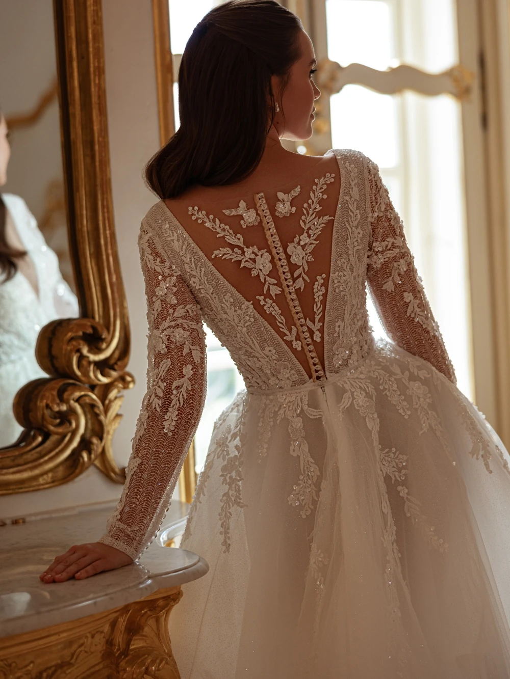 Robe de mariée trapèze en Tulle à paillettes de rêve, effet d'illusion, décolleté en v profond, robes personnalisées à manches longues pour mariée