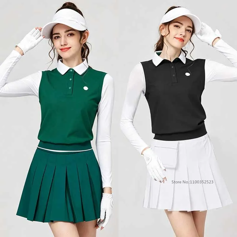 Blktee Women Polo Top Ice Silk Long-sleeved Sunscreen T-Shirt Ladies Fake Two-piece Slim Shirt Anti UV Sports Golf Apparel