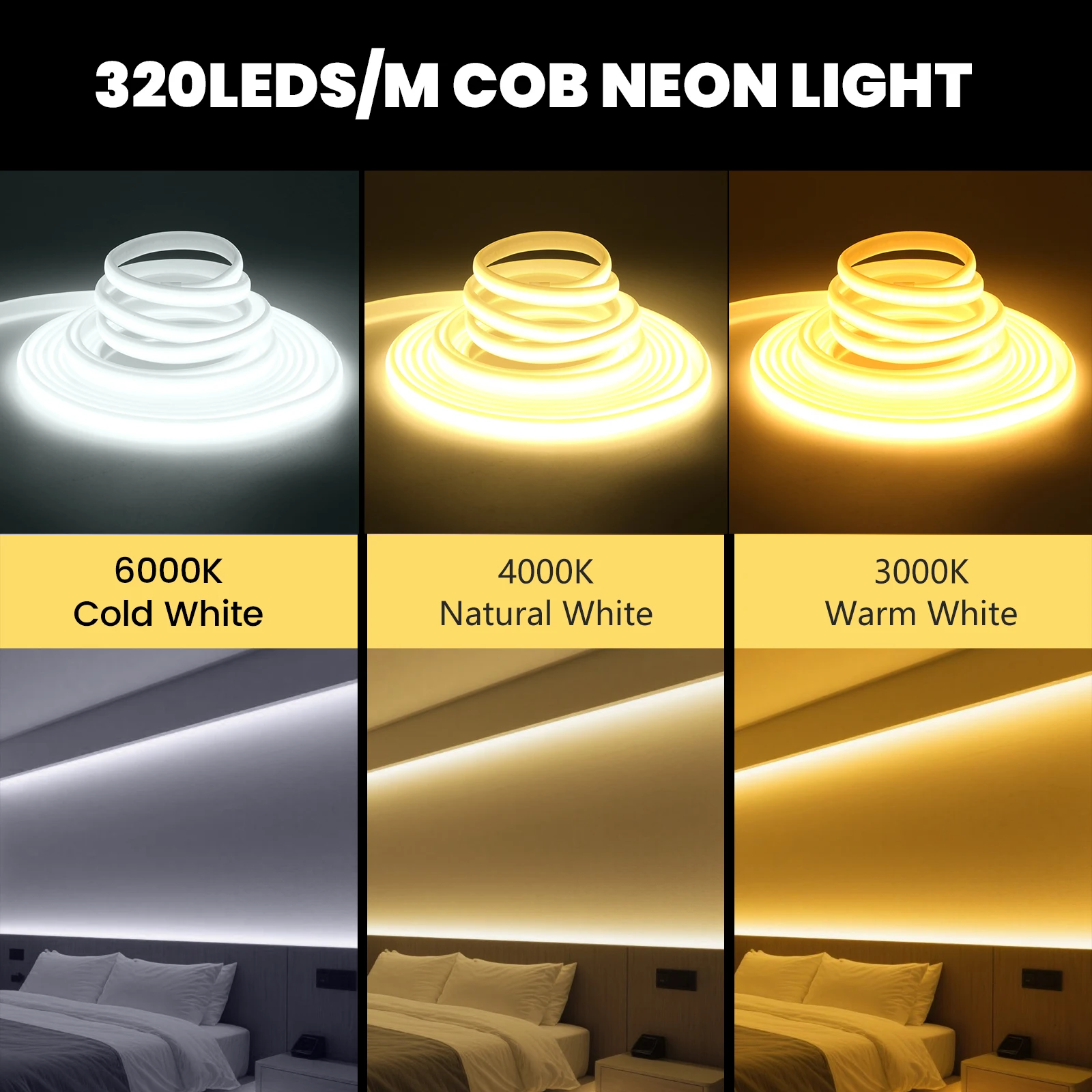 DC 12V 24V COB Light Strip IP67 Waterproof Milky White Flexible LED Neon 320LEDS/M Home Decor Lighting with Double Sided Tape