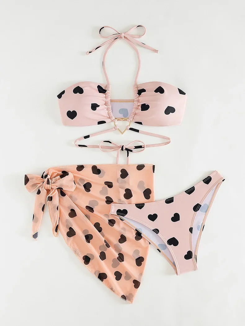 Sexy Herz-Druck-Mesh-Rock, 3-teiliges Bikini-Set für Damen, plissiert, Bandage, Kreuz-Cover-Up-Badeanzug, 2025, Strand-Badeanzug, Bademode