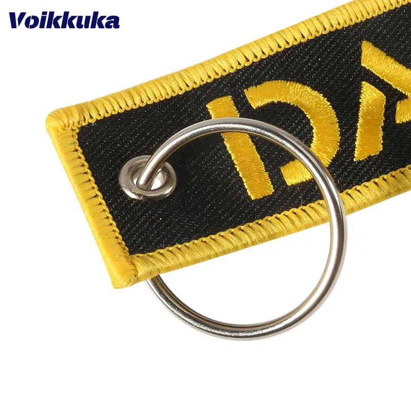 1PC 2PCS 3PCS Set Sale Golden Warning Golden Danger Both Sides Embroidery Black Cloth Tag Keychain Motorcycle Key Accessories