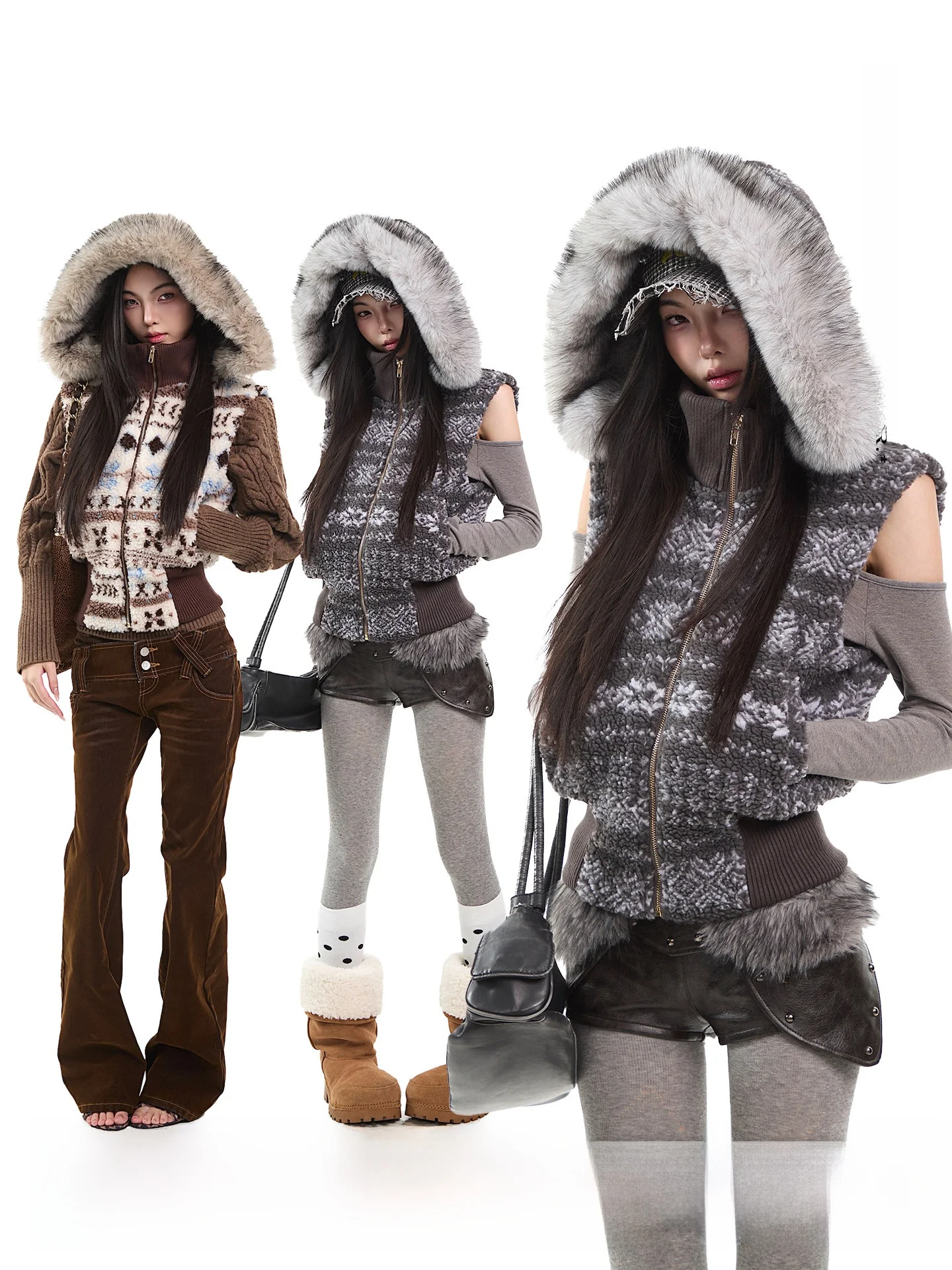 

Uncmhisex American Retro Fair Isle Women's Cotton Jaet Coat Hooded Fur Collar Waist Cinched Top Zipper Closure Color
