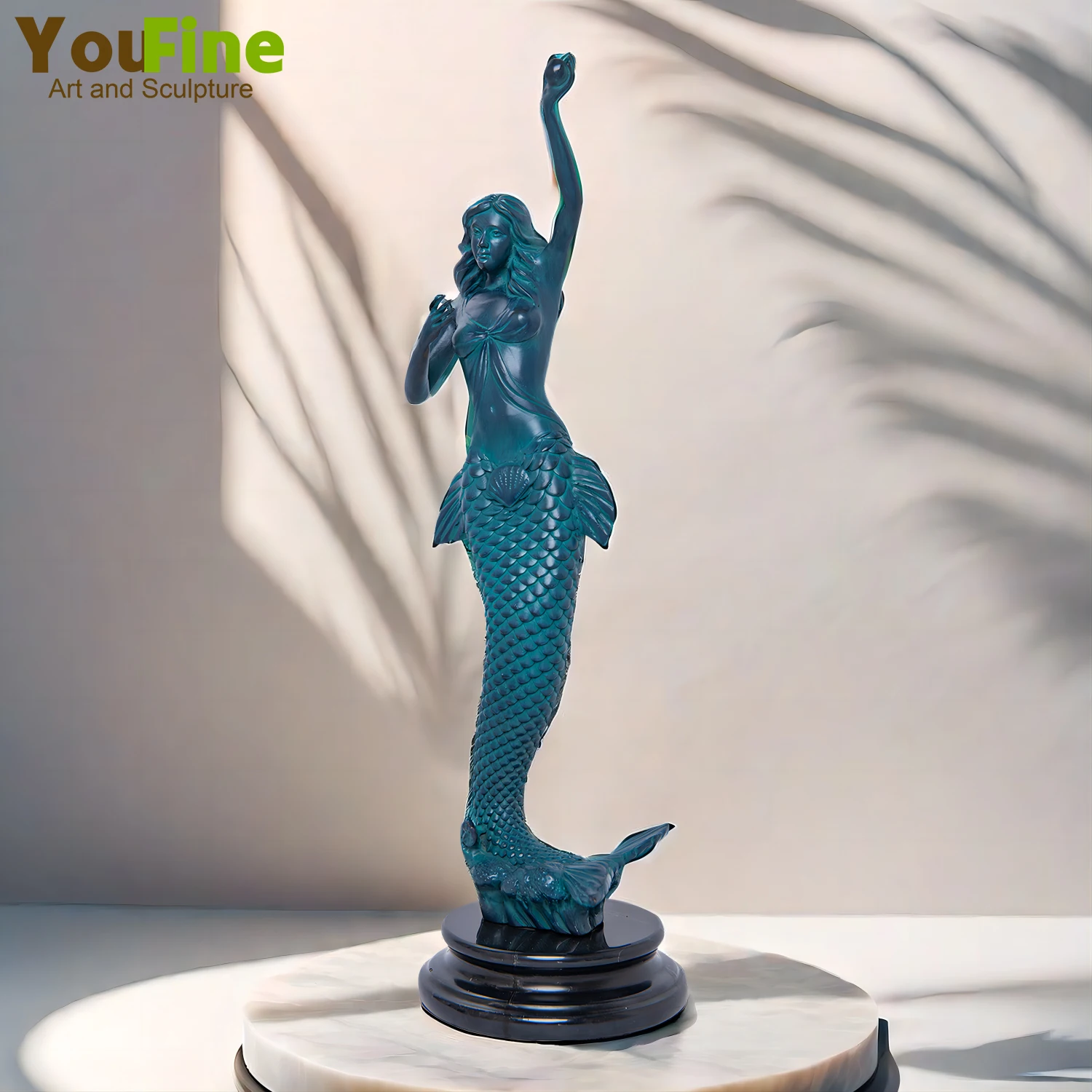 50cm rzeźba syrenka z brązu elegancka gorąca syrenka statua z bronzu z marmurowa podstawa do wystrój sztuka dla domu kolekcjonerskich