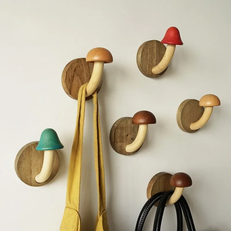 Creative Wood Mushroom Coat and Hat Hook Punch-free Solid Wood Coat Hook Nordic Log Coat Hanger Door Behind The Hook