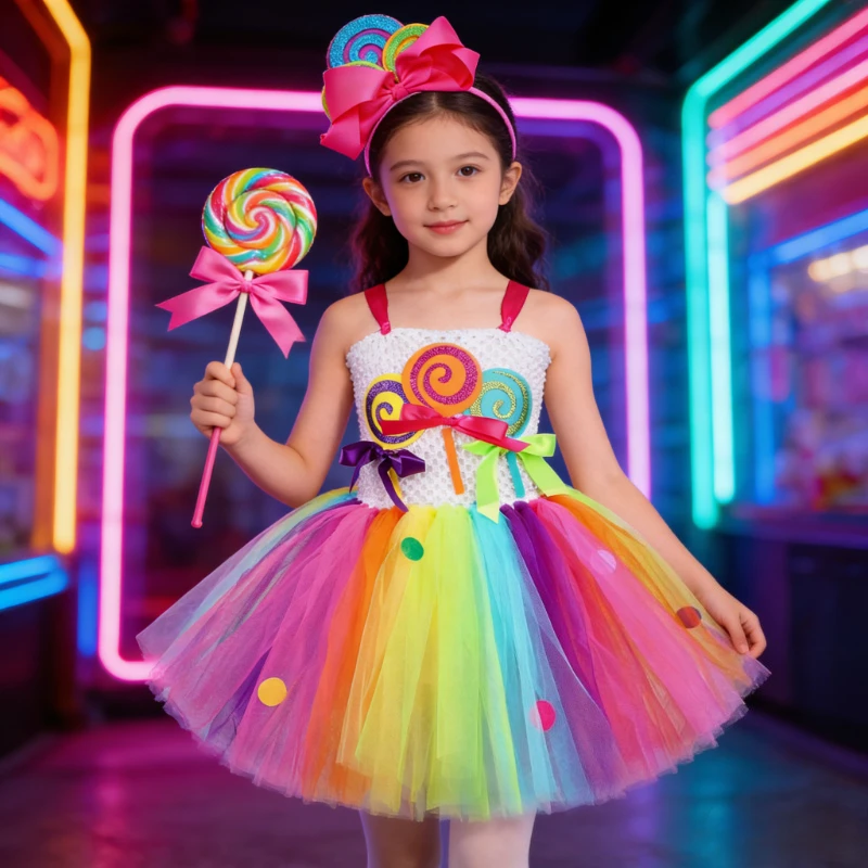 

Rainbow Lollipop Costumes for Girls Lollypop Candy Ballet Tutus Outfit with Bowknot for Kids Sweet Candyland Birthday Dresses