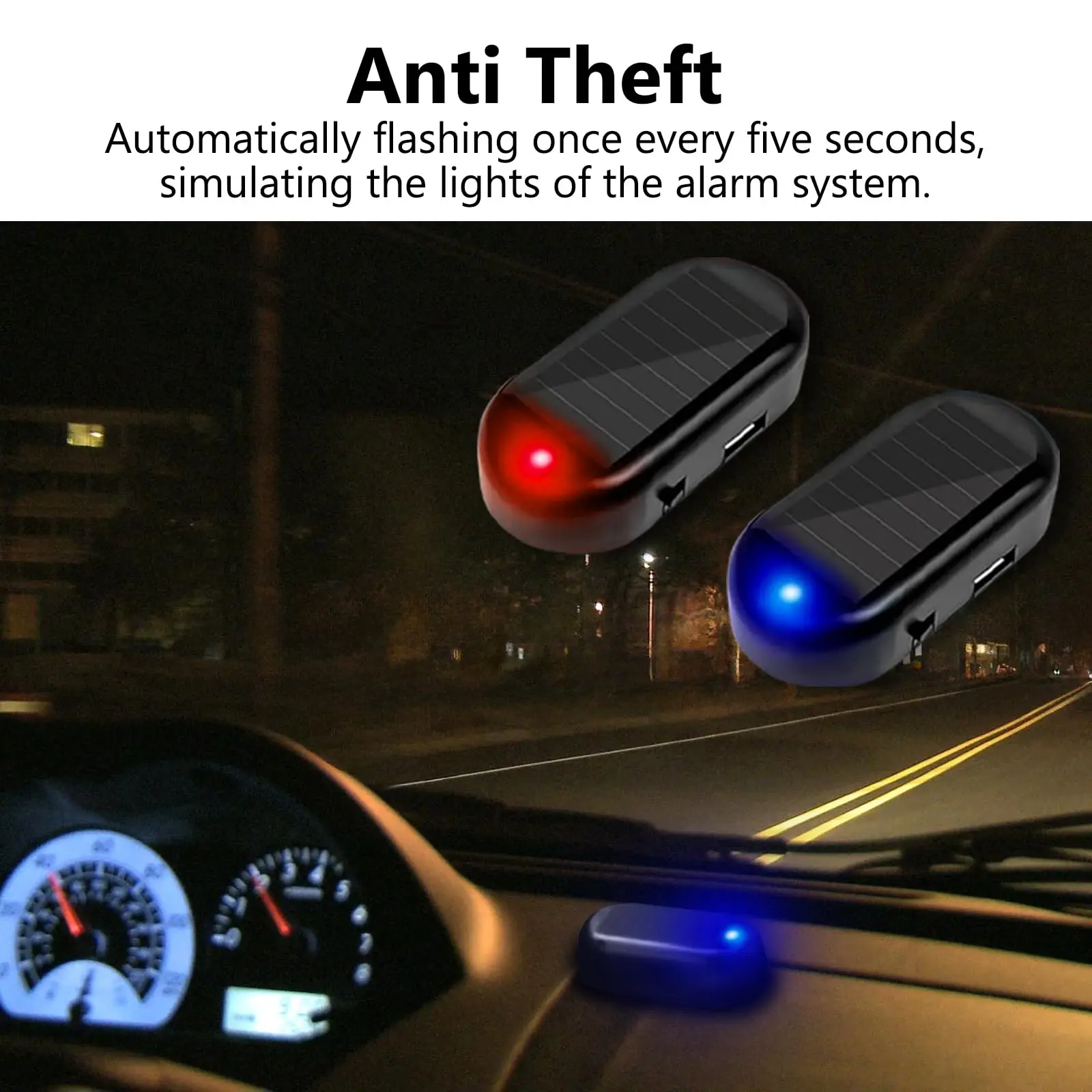 car solar analog false alarm, anti-theft false car alarm LED flashing safety light, with USB charger port, suitable for cars