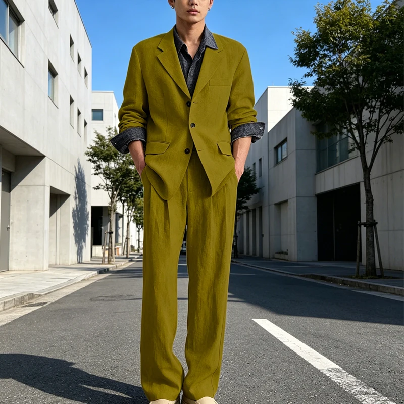 

Men's Linen 2 Piece Set Notched Lapel Loose Fit Blazer Wide Leg Trousers Lightweight Breathable Spring Business Casual DailyWear