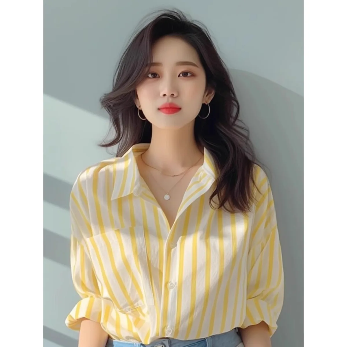 

Early Spring Yellow Striped Women's irt Chic Trendy Top Long Sve Loose Fit Button down Korean Sle Faionable Blouse