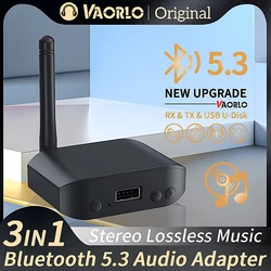 VAORLO 3 IN 1 Bluetooth 5.3 オーディオ レシーバー トランスミッター USB U ディスク再生 3.5 ミリメートル AUX ステレオ HIFI ロスレス音楽ワイヤレス アダプター マイク付き車 TV PC ヘッドフォン スピーカー アンプ