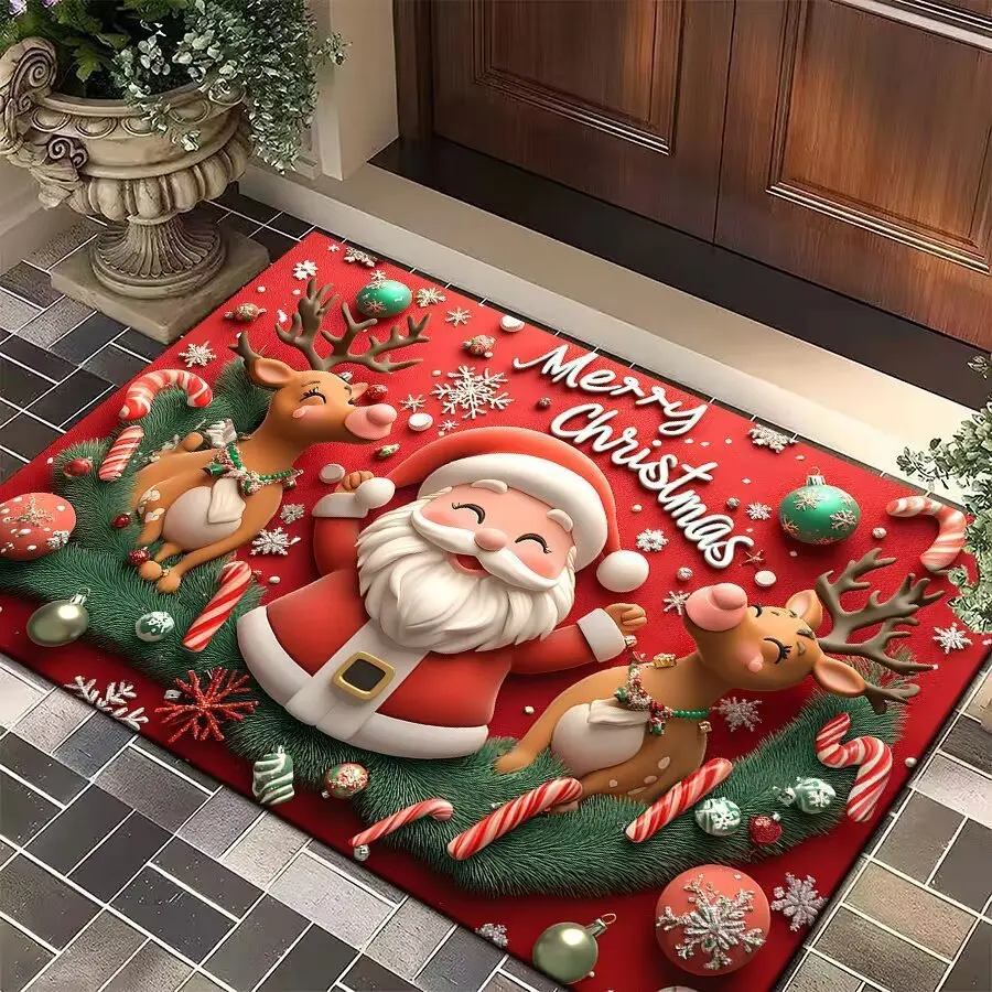 VIKAMA Red Hat Santa Doormat for Front Door, Soft Crystal Velvet Welcome Mat, Non Slip Anti Fatigue Door Rug Indoor Outdoor
