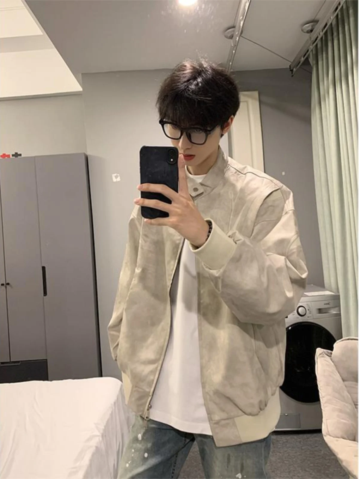 

American Retro Cleanfit Tie Dye Leather Jaet Men's Spring Autumn Trendy Loose Pilot Baseball Sle Jaet Outerwear