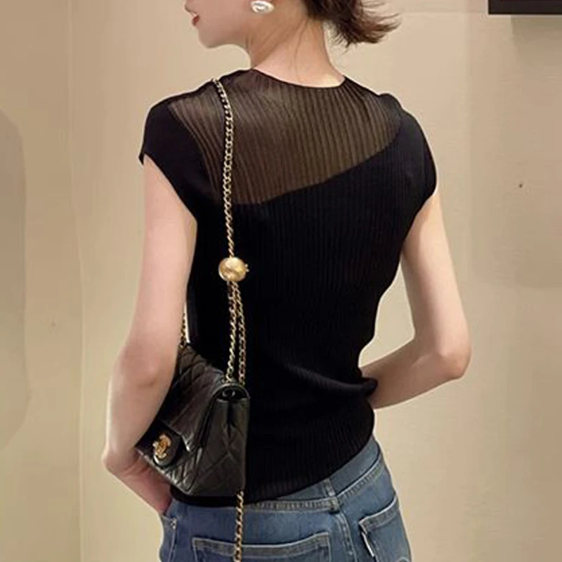 Women Clothing 2024 Summer Sexy Sheer Patchwork Elegant Ribbed Knitted T-shirt Office Lady Korean Black Slim Basic Pullover Tops