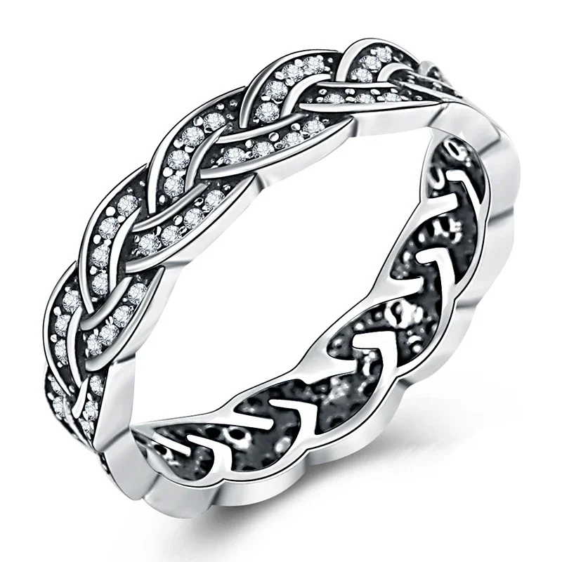 

Hot Sale Thai 925 Sterling Silver Vintage Fascination Braided Pave Rings for Women Wedding Luxury Big Clear CZ Twisted Jewelry