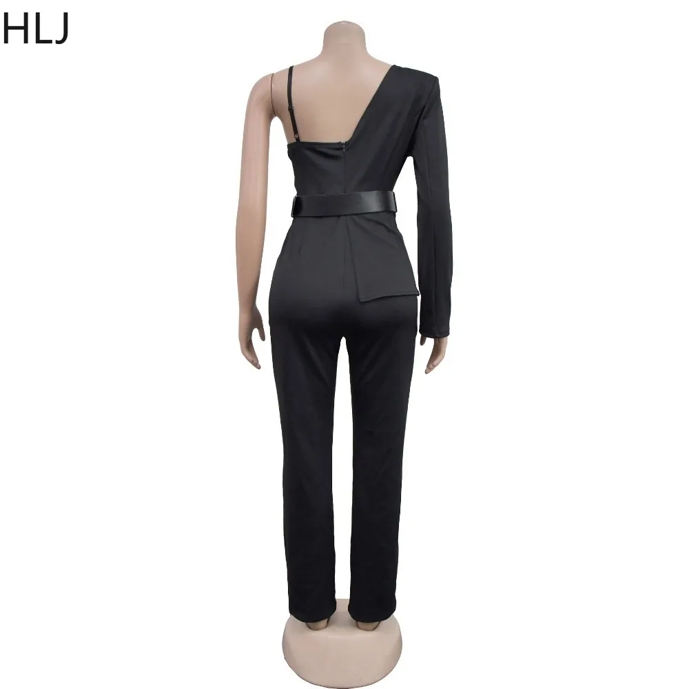 HLJ Fashion Elegant Splicing Straight Jumpsuits Women One Shoulder Long Sleeve Hollow Playsuits Sexy Blazer Top Design Overalls