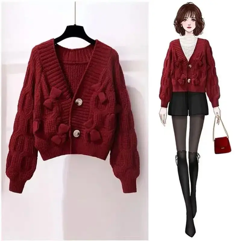 Autumn Winter Thin Sweet Ladies Solid Color Tops 2023 New Women\'s Clothing Buttons V-neck Knitwear Cardigan Elegant Sweaters