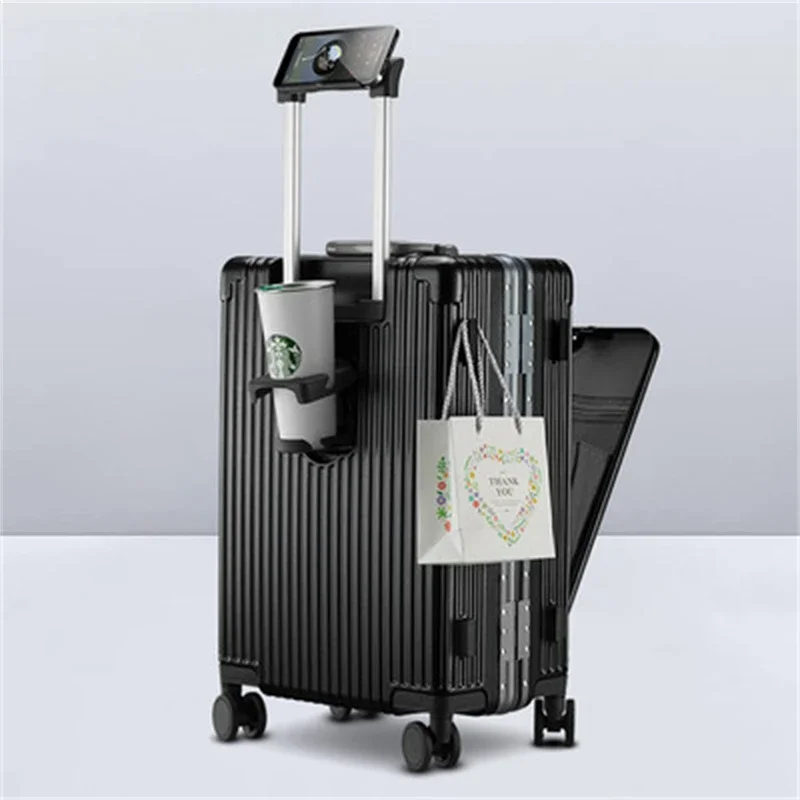 Business Front Opening Suitcase Luggage with USB Cup Holder 18/20/24 Inch Suitcase Trip Cabin Aluminum Frame Trolley Case