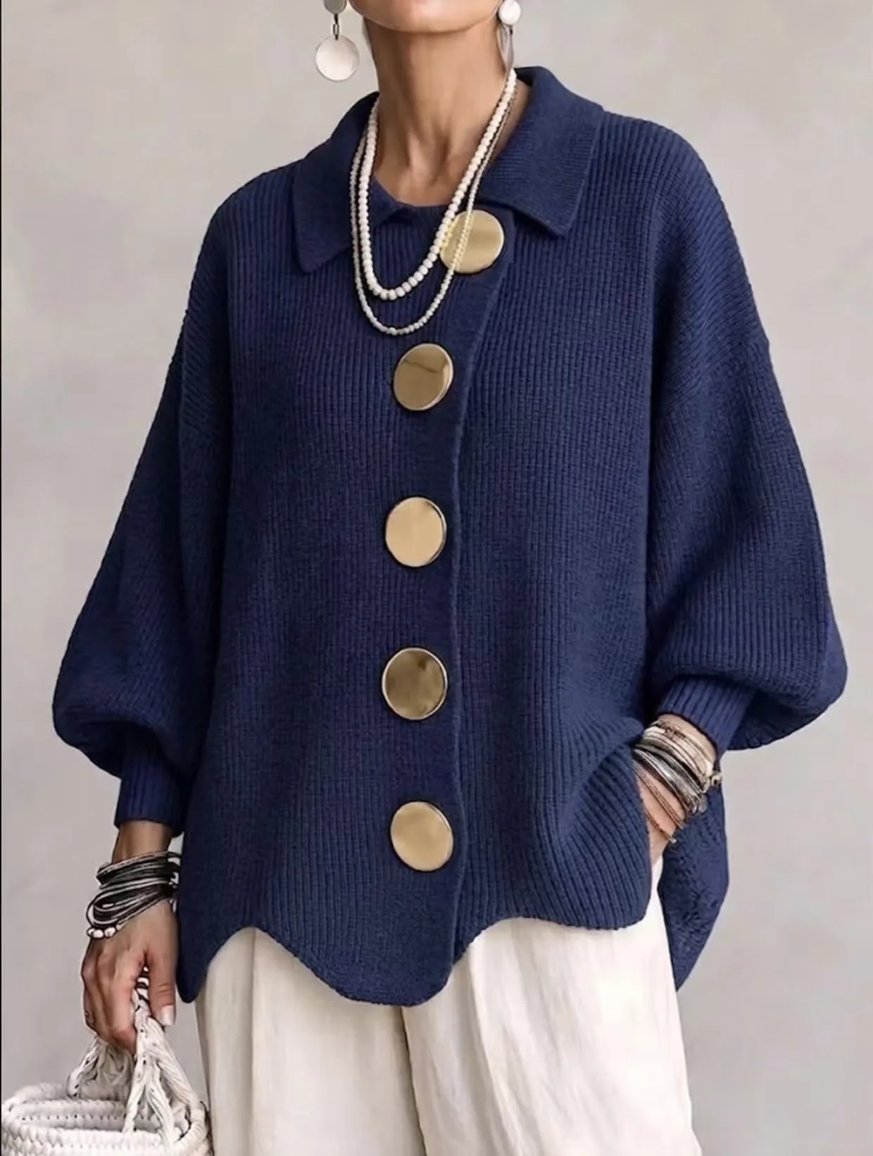 XXOWENLI Casual Knit Sweater Cardigan Women Lantern Sleeve Big Gold Button Loose Sweater Coat Ladies Fall Winter Sweater Outwear