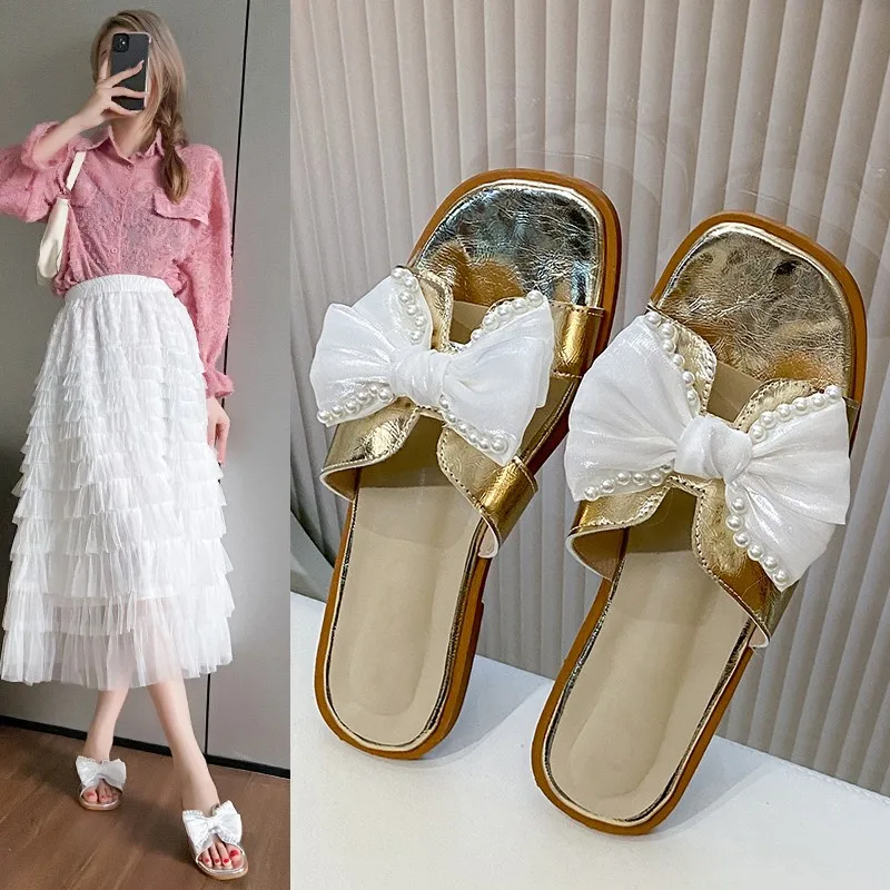 French haute couture square toe flat bottomed external slippers for women 2024 new summer bow versatile slippers for women