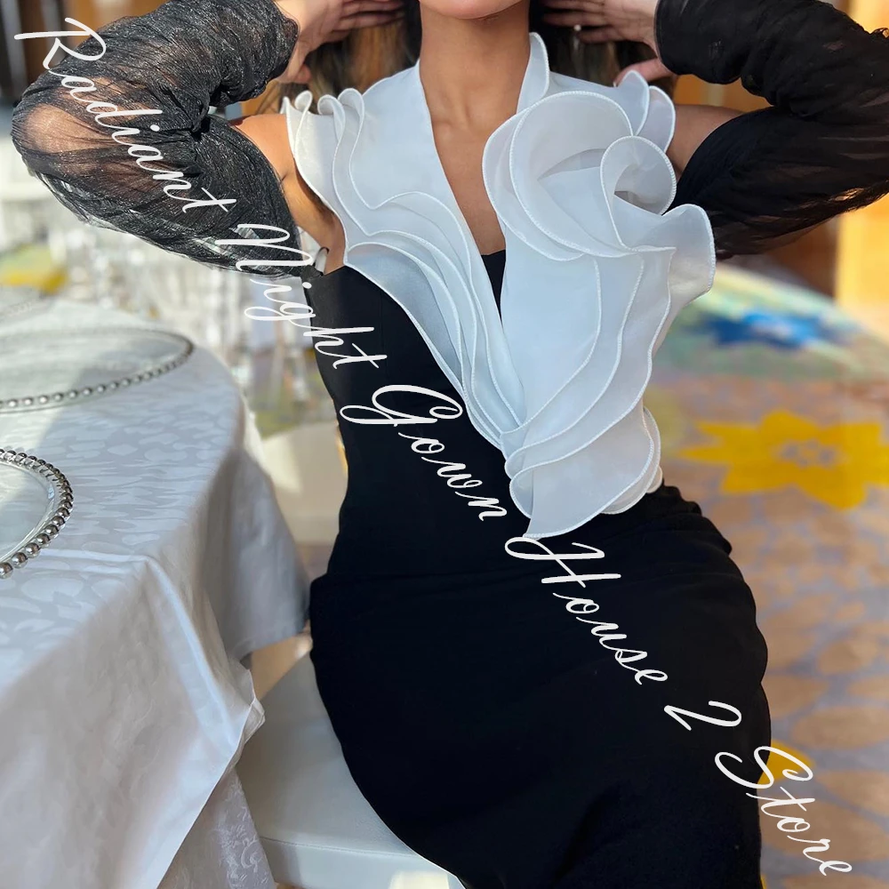 Customized Jersey Straight Off the Shoulder Ruffles Evening Dress Halter Long Sleeves Floor Length Sweep Train Photo Color