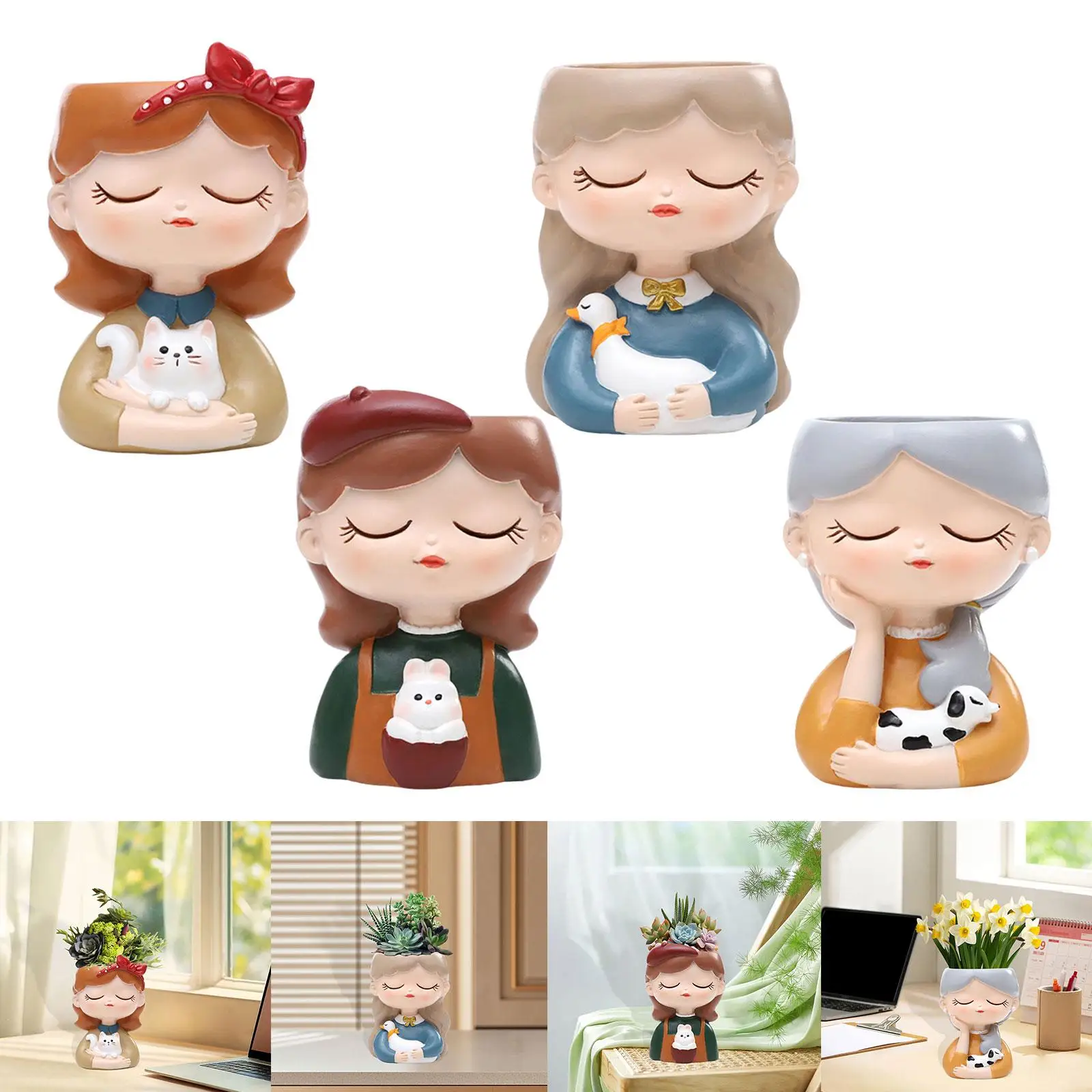 Lovely Girl Figurine Resin Flowerpot Planter Pot Small Succulent Container Desk Windowsill Home Office Decor Garden Vase Unique